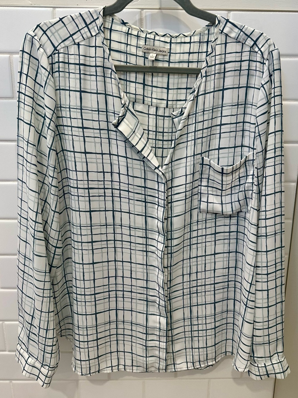 Calvin Klein Jeans White & Blue Windowpane Plaid Blouse - Size Large